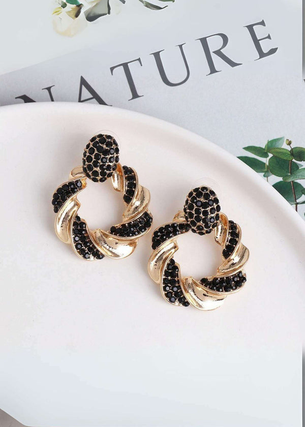 Black and Gold Rhinestone Dangle Earrings-PM-ER-51021-Pablo-Mode
