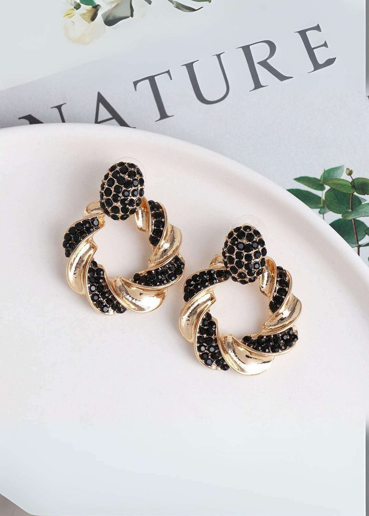 Black and Gold Rhinestone Dangle Earrings-PM-ER-51021-Pablo-Mode