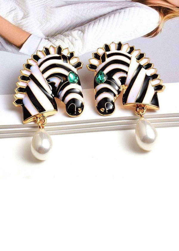Black and White Zebra Pearl Drop Earrings-PM-ER-51024-Pablo-Mode