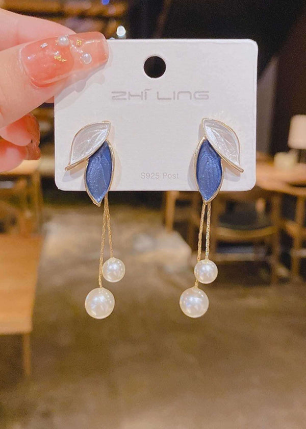 Blue & White Leaf Pearl Tassel Earrings-PM-ER-51016-Pablo-Mode