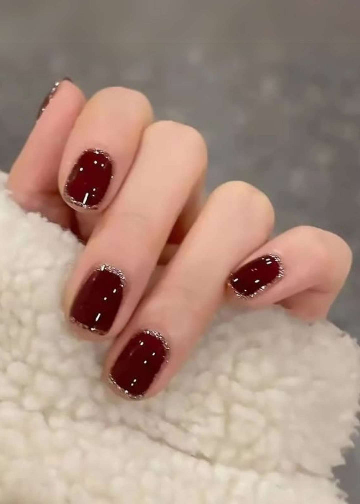 Burgundy Glitter Tip Short Square False Nails-1-PM-FN-60014-Pablo-Mode