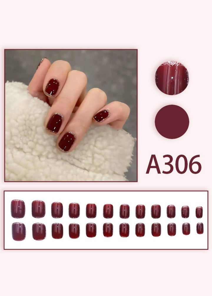Burgundy Glitter Tip Short Square False Nails-2-PM-FN-60014-Pablo-Mode