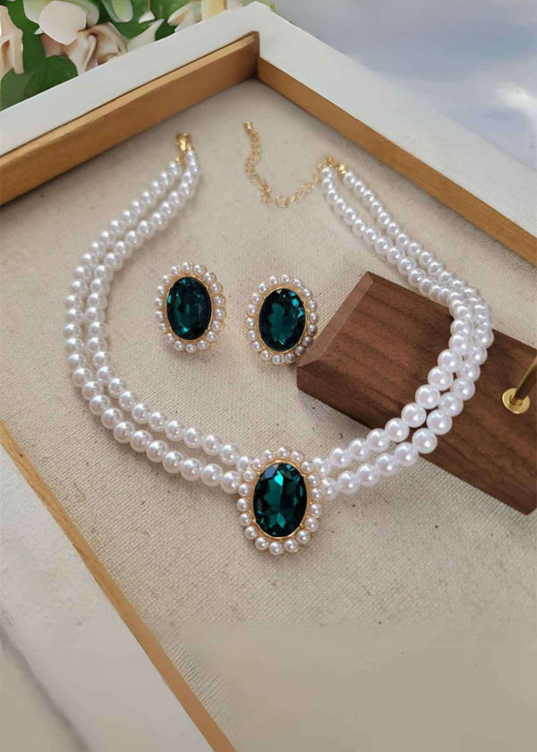 Classic Pearl Emerald Set with Double Strand-PM-NS53012-Pablo-Mode