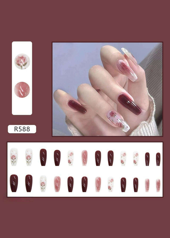 Oxblood Red Floral False Nails-2-PM-FN-60015-Pablo-Mode