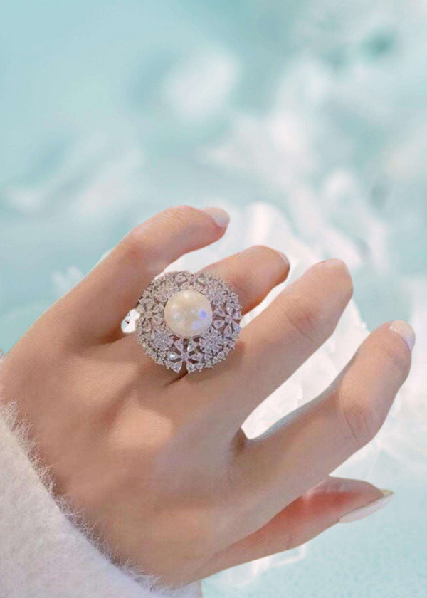 Pearl CZ Flower Open Statement Ring-PM-R52021-Pablo-Mode