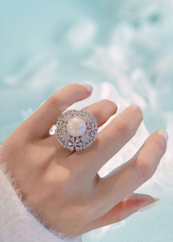 Pearl CZ Flower Open Statement Ring-PM-R52021-Pablo-Mode