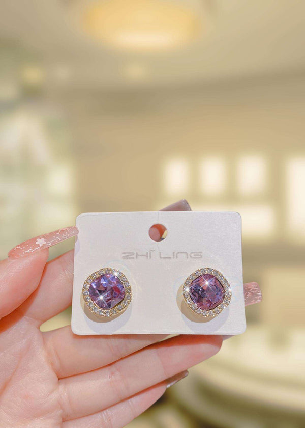 Purple Cubic Zirconia Halo Earrings-PM-ER-51027-Pablo-Mode
