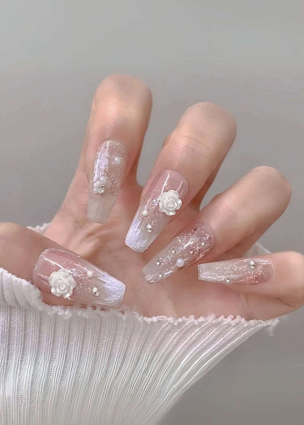 White Pearl Rose Long Coffin Press-On Nails - 24pcs-PM-FN-60011-Pablo-Mode
