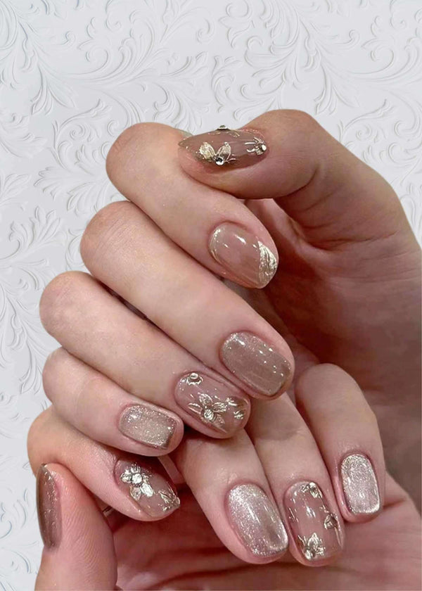 Cat eye Champagne shimmer silver leaf French nails PK - 24 pcs-PM-FN-60018-Pablo-Modeshort almond set