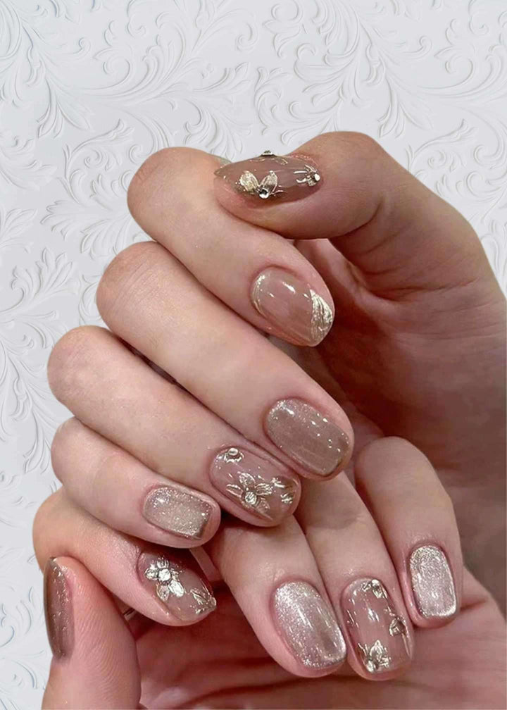 Cat eye Champagne shimmer silver leaf French nails PK - 24 pcs-PM-FN-60018-Pablo-Modeshort almond set