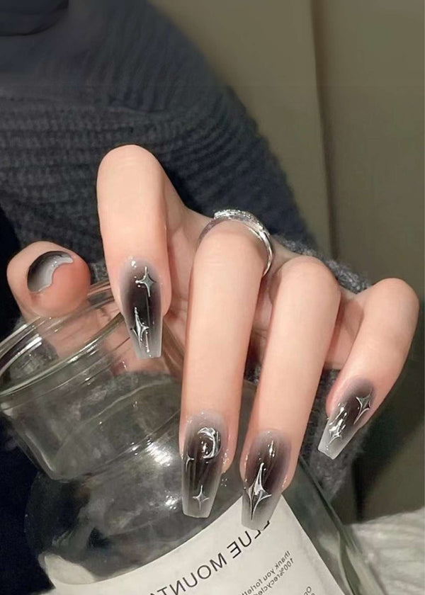 Ombre Dark Moon Star Long Coffin Fake Nails PK - 24pcs-PM-FN-60012-Pablo-Mode