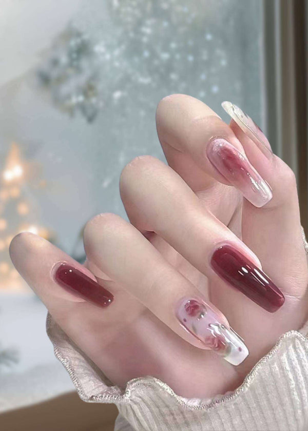 Oxblood Red Floral Long Coffin False Nails-PM-FN-60015-PAblo-Mode