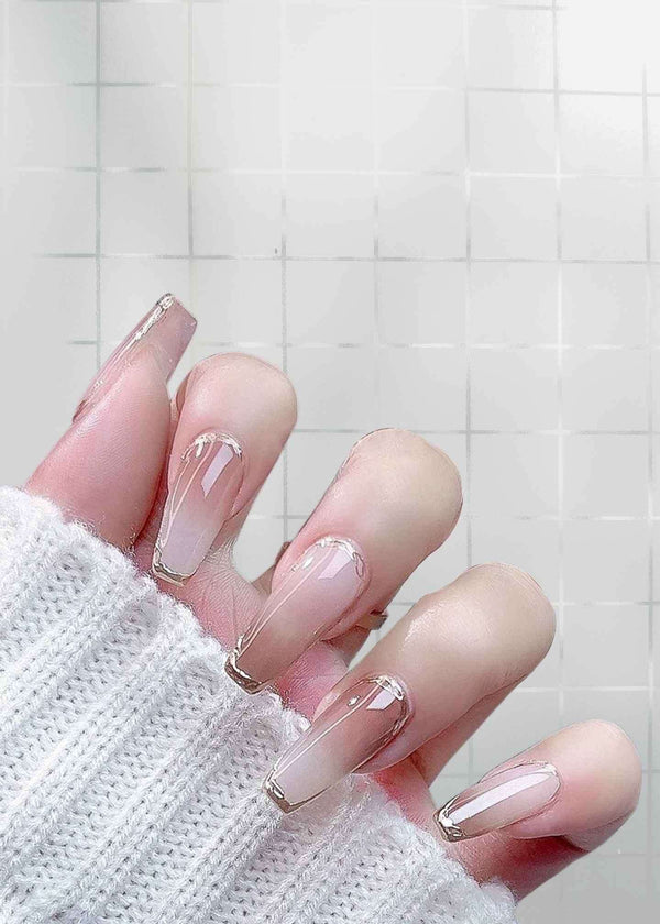 Sheer Pink & Ombre gold trim French Nails PK - Long Coffins 24pcs-PM-FN-60017-Pablo-Mode