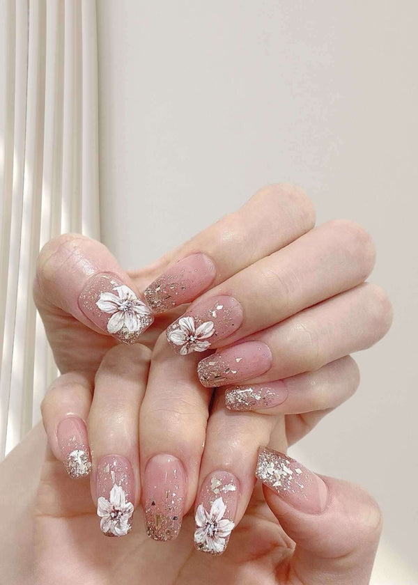 Sparkling White Camellia Glitter Tip French Nails-PM-FN-60022PK - Mid length 24 pcs-Pablo-Mode