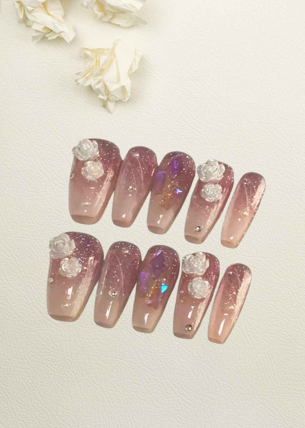 Light Peach Pink & Tea Rose Ombre French Nails PK - 24Pcs 3D Flower Set-PM-FN-60016-Pablo-Mode