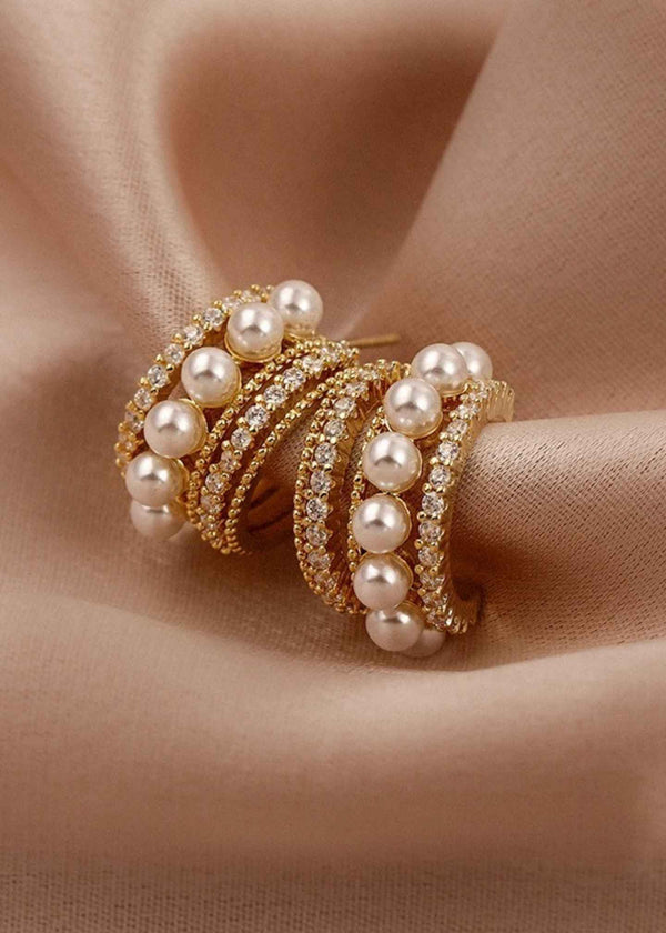 Gold Pearl CZ Hoop Earrings-PM-ER-51026-Pablo-Mode